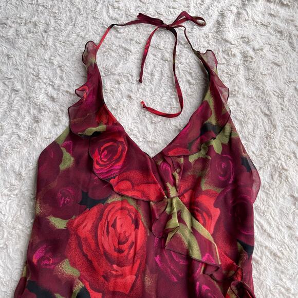 bebe 100% silk rose floral print halter slip dress slipdress fairy roses red S - Picture 6 of 16